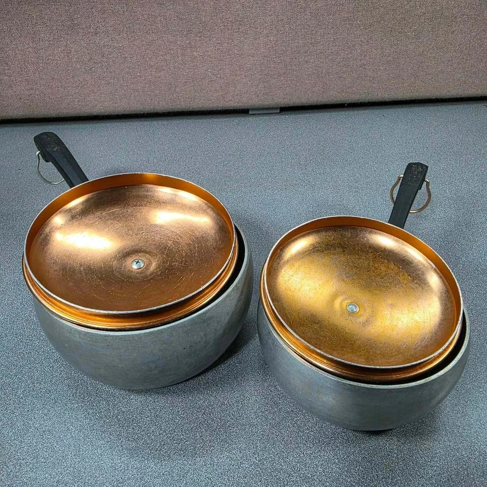 Wear-Ever Hallite Saucepan Set 2pc Silver Copper MCM Aluminum Good Vtg USA